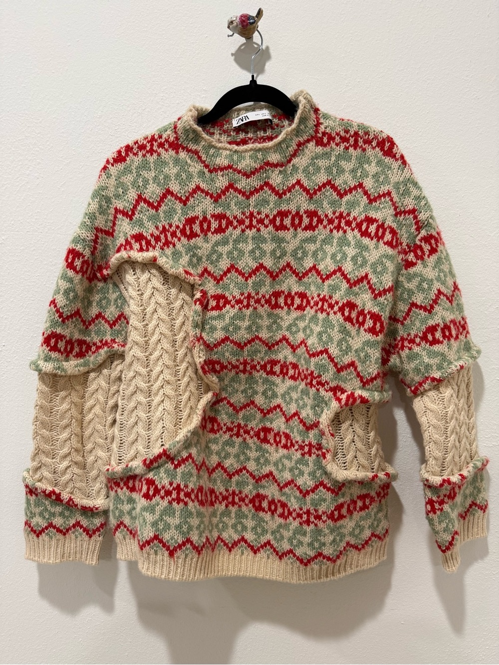 Zara Cream, Red & Green Fair Isle Cutout Sweater